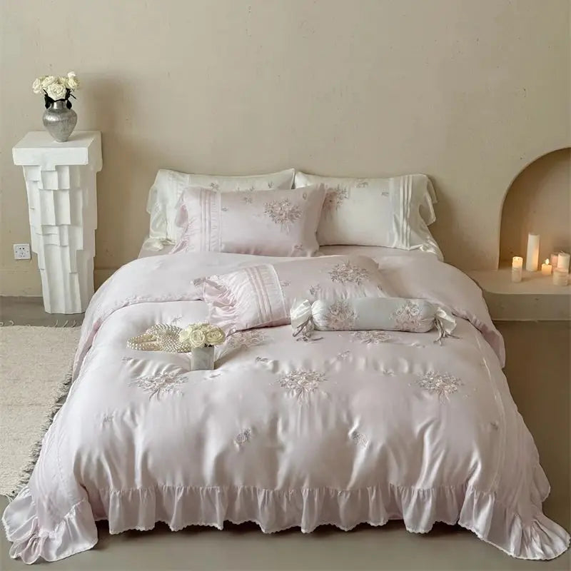 Flowers Embroidery Ruffles Princess Wedding Bedding Set