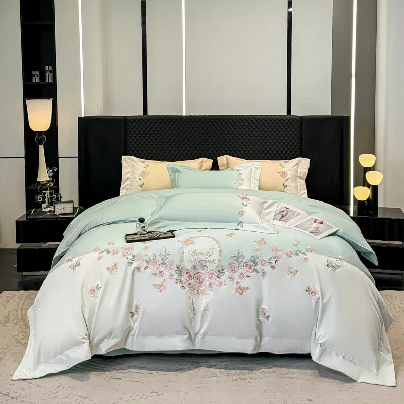 100% Cotton Rose Flowers Butterfly Embroidery Bedding Set
