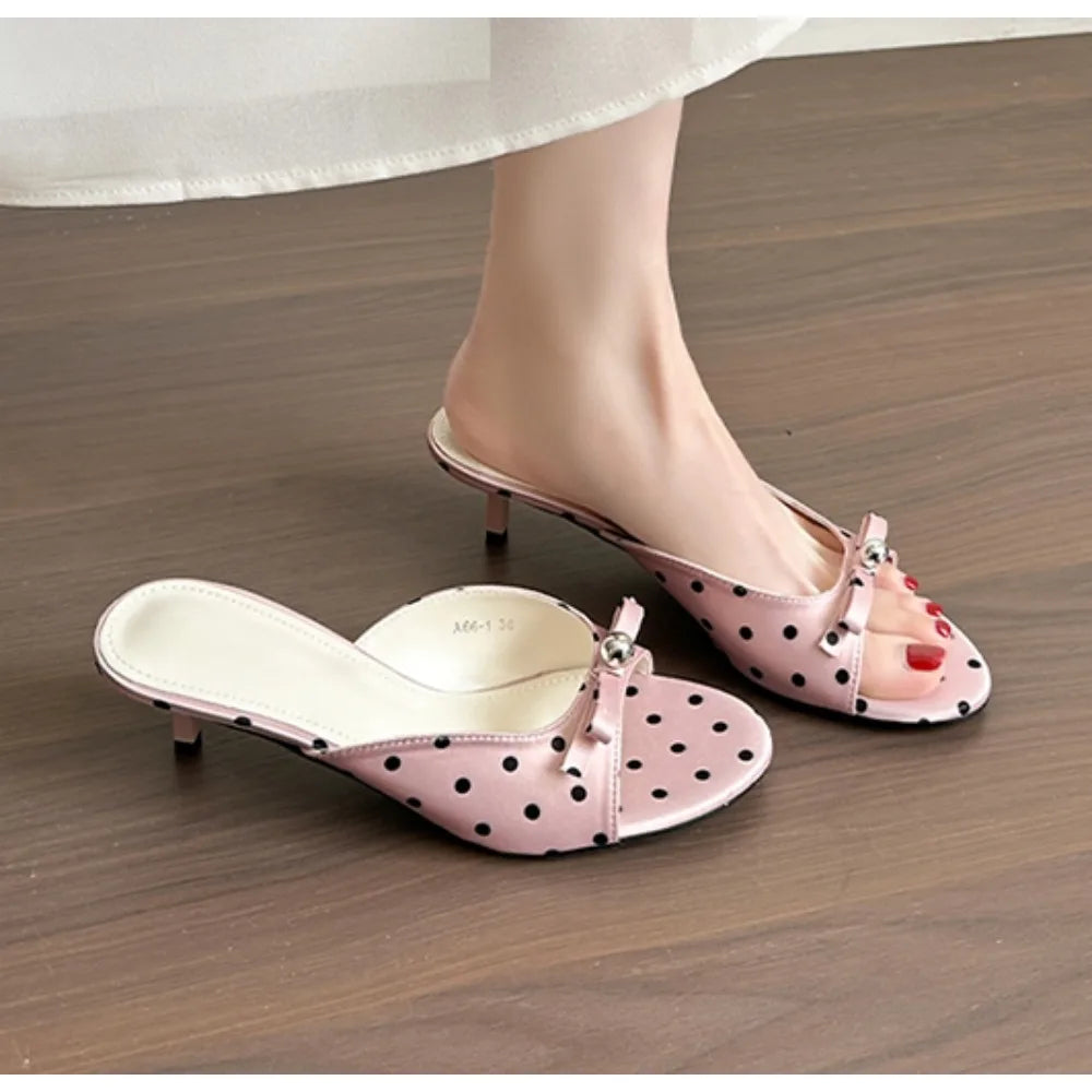 Polka Dot Open Toe Woman Slippers Elegant Stripper Thin Heels