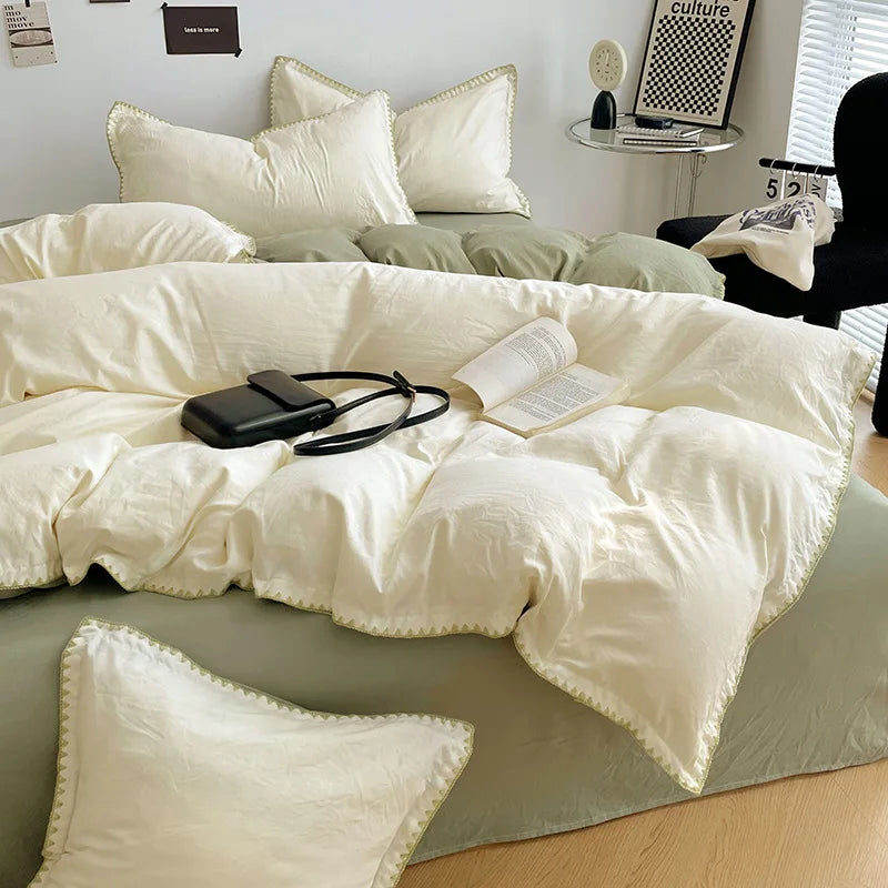 Solid Color Soft Duvet Cover Set Skin Friendly Washable Cotton Queen Bedding Set
