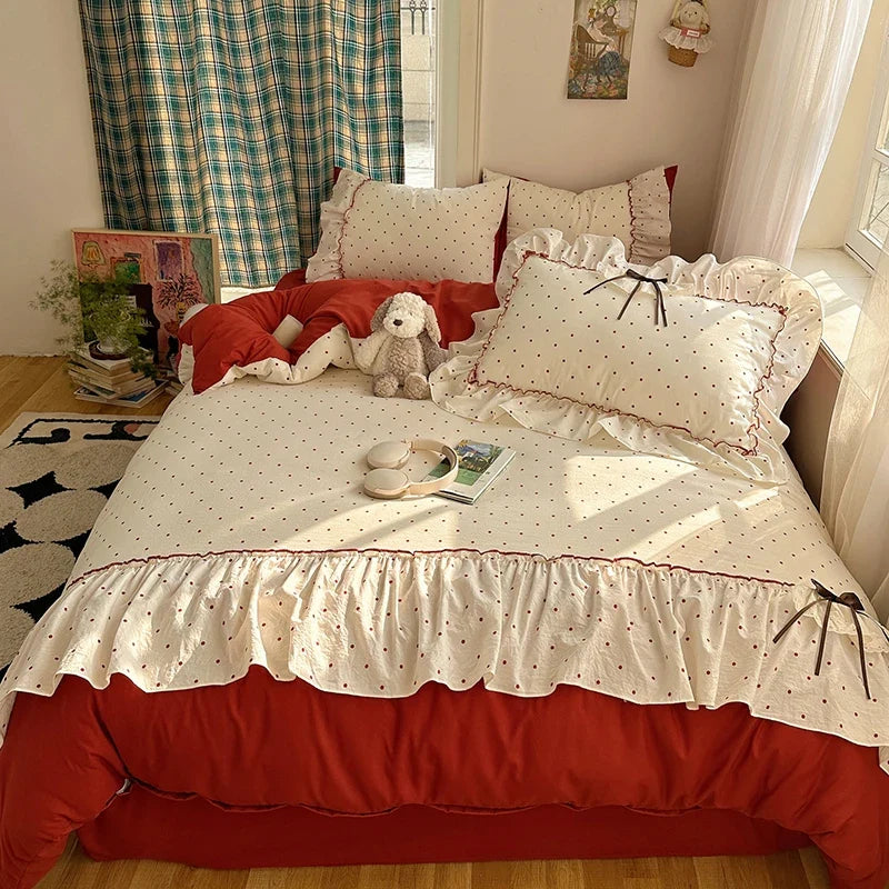 3/4Pcs Korean Princess Style Bow Ruffles Bedding Set