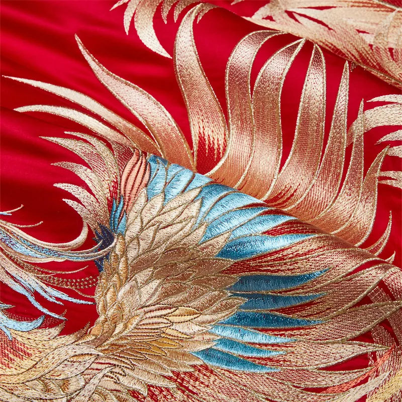 4/6/9Pcs Red Luxury Chinese Wedding Style Dragon Phoenix Embroidery Bedding Set