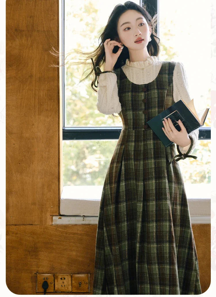 Harmony Plaid Wool Dark Academia Cottage Dress