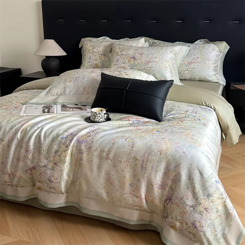 600TC Lyocell Cotton Soft Breathable Flowers Print Bedding Set
