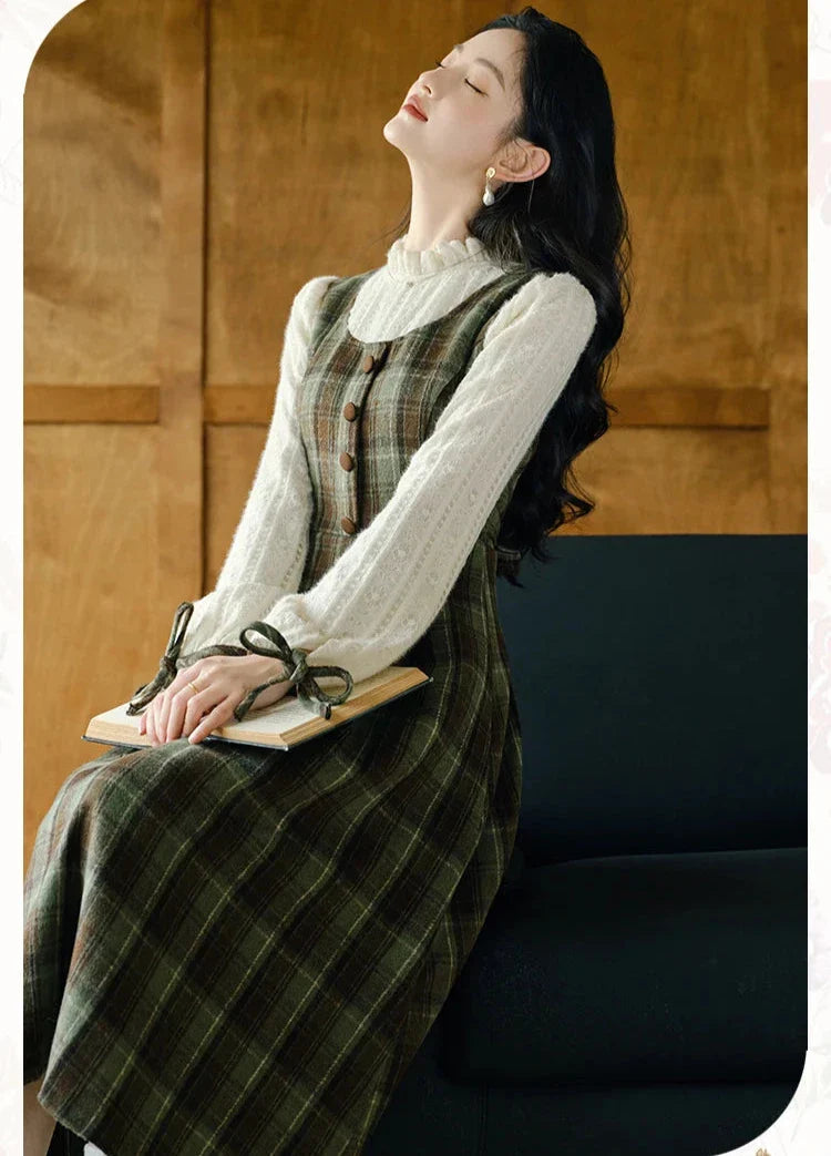 Harmony Plaid Wool Dark Academia Cottage Dress