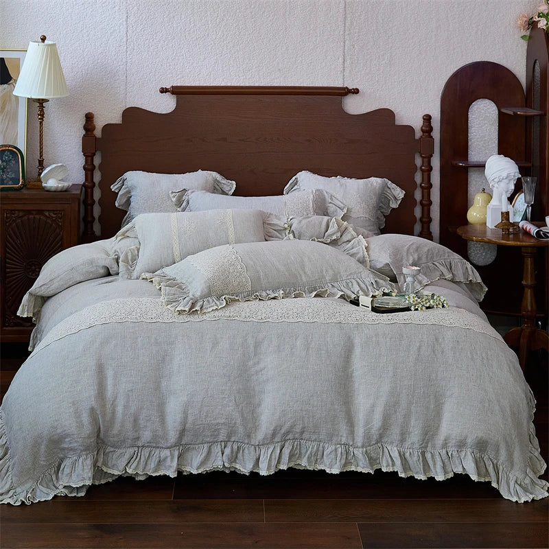 100% Pure Linen Vintage French Lace Ruffles Luxury Bedding Set