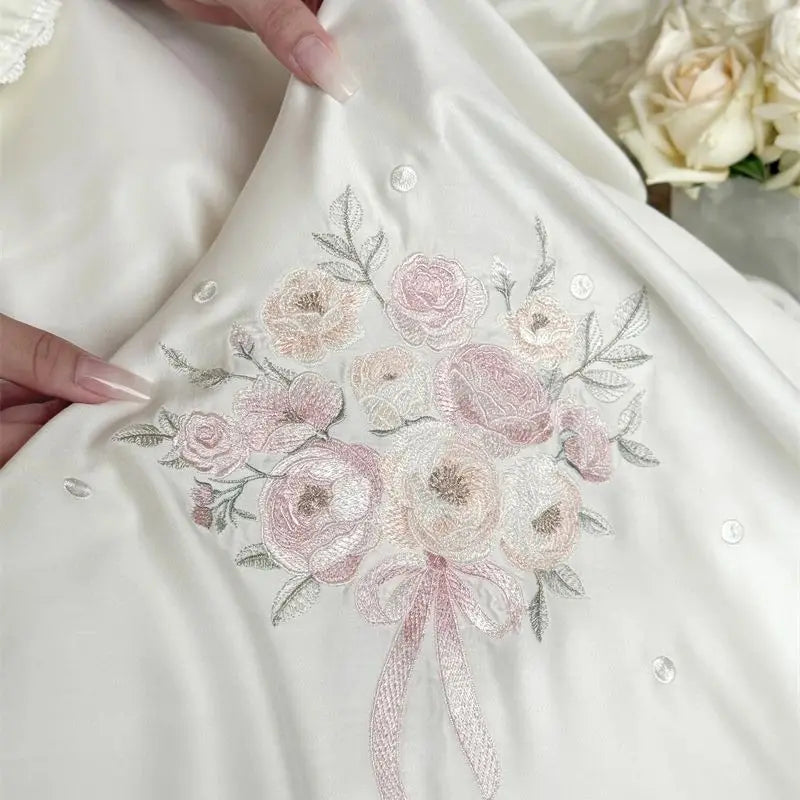 Flowers Embroidery Ruffles Princess Wedding Bedding Set