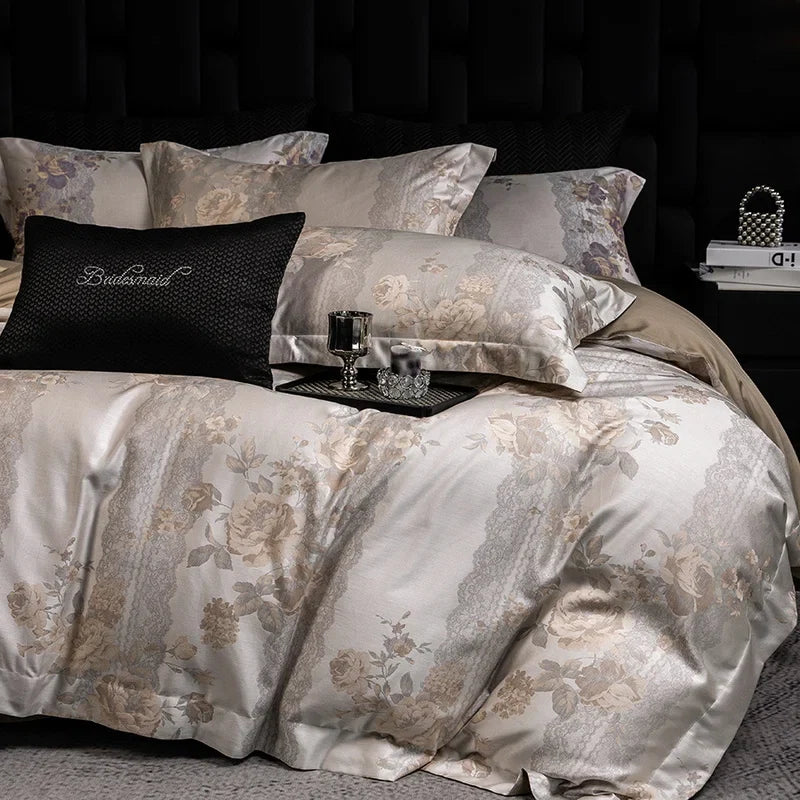 600TC Lyocell Cotton Flowers Jacquard Soft Silky Bedding Set