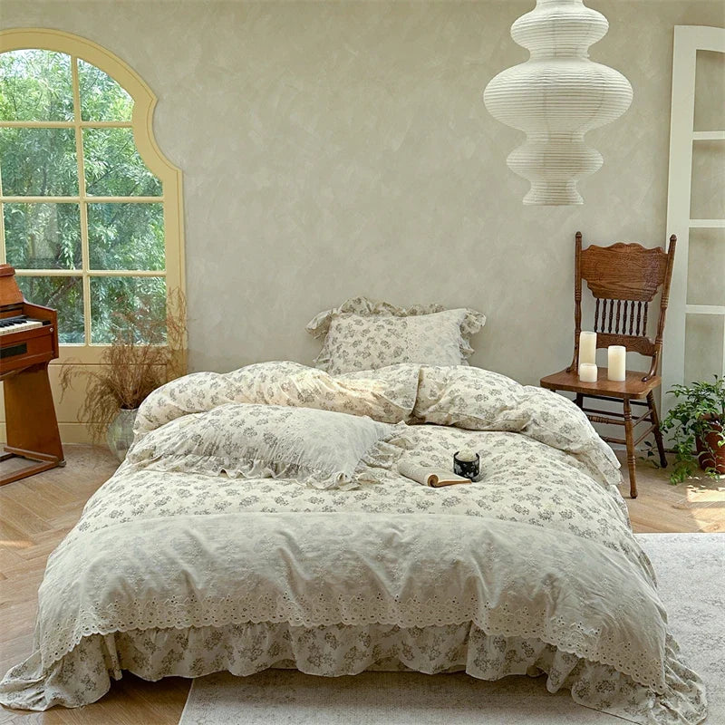 French Vintage 100% Cotton Lace Ruffles Floral Princess Bedding Set