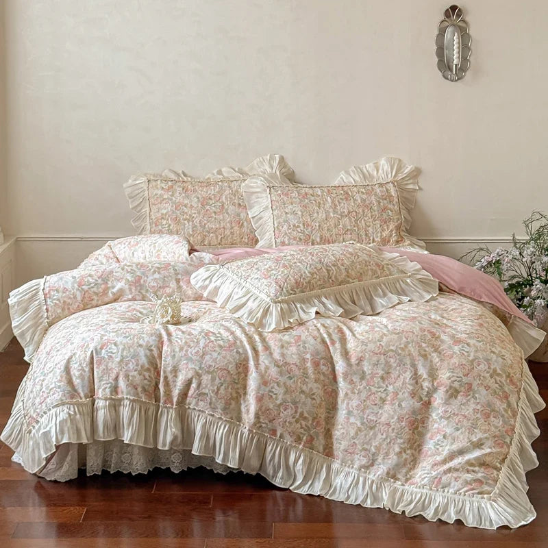 Korean Princess Style Floral Ruffles 100% Cotton Bedding Set