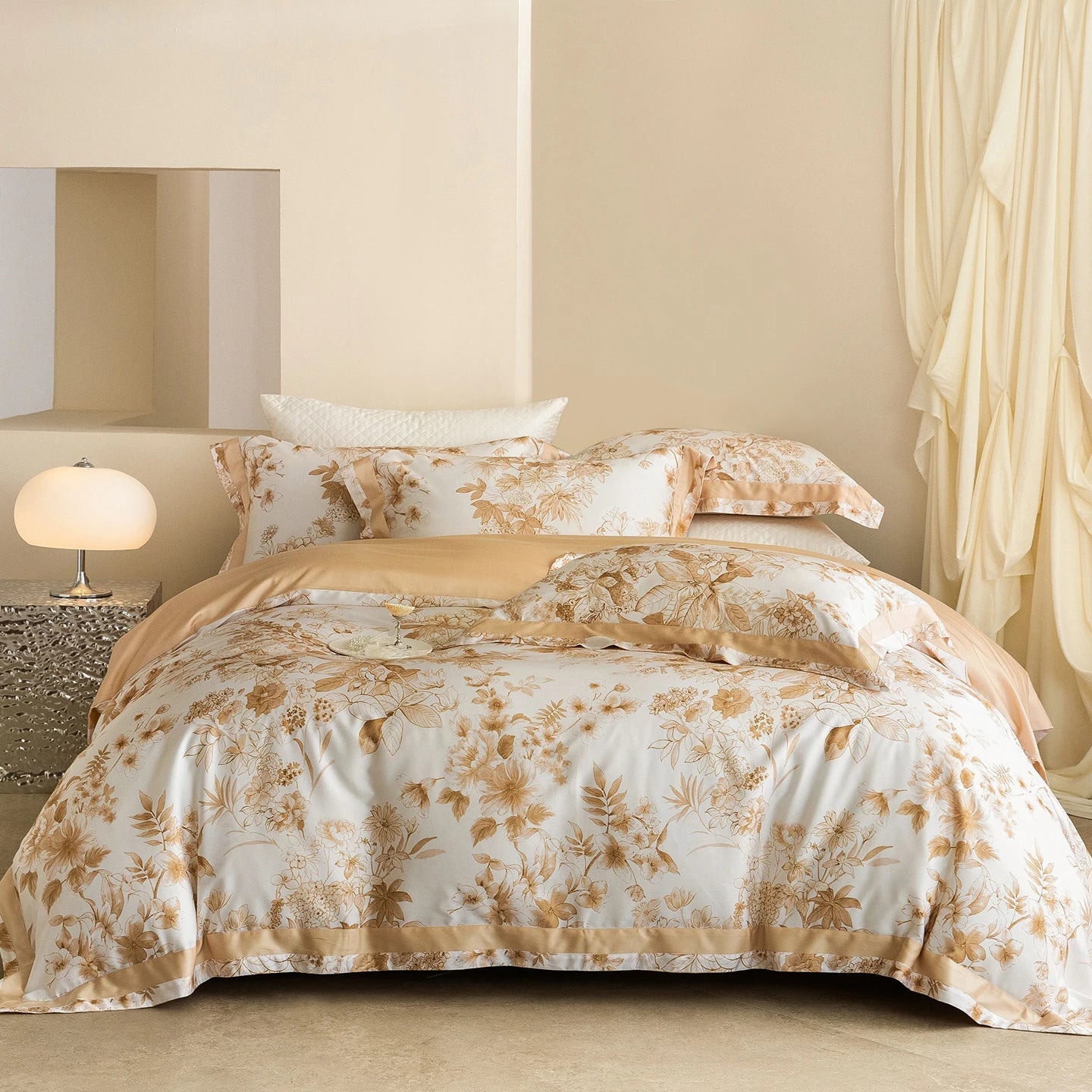 Luxury 600TC Lyocell Cotton Bedding Set, Floral Print Duvet Cover Set with Pillowcases, Soft Silky Bed Sheet/Fitted Sheet 4Pcs