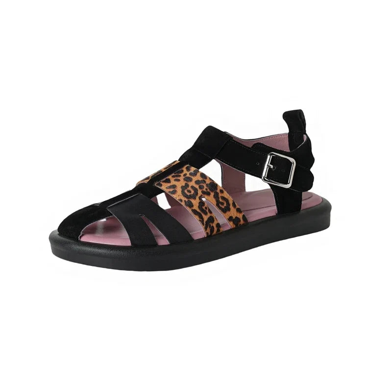 Thick Sole Leopard Print Breathable Open Toe Loose Buckle Strap Low Heel