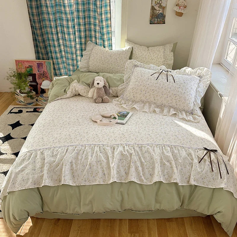 3/4Pcs Korean Princess Style Bow Ruffles Bedding Set