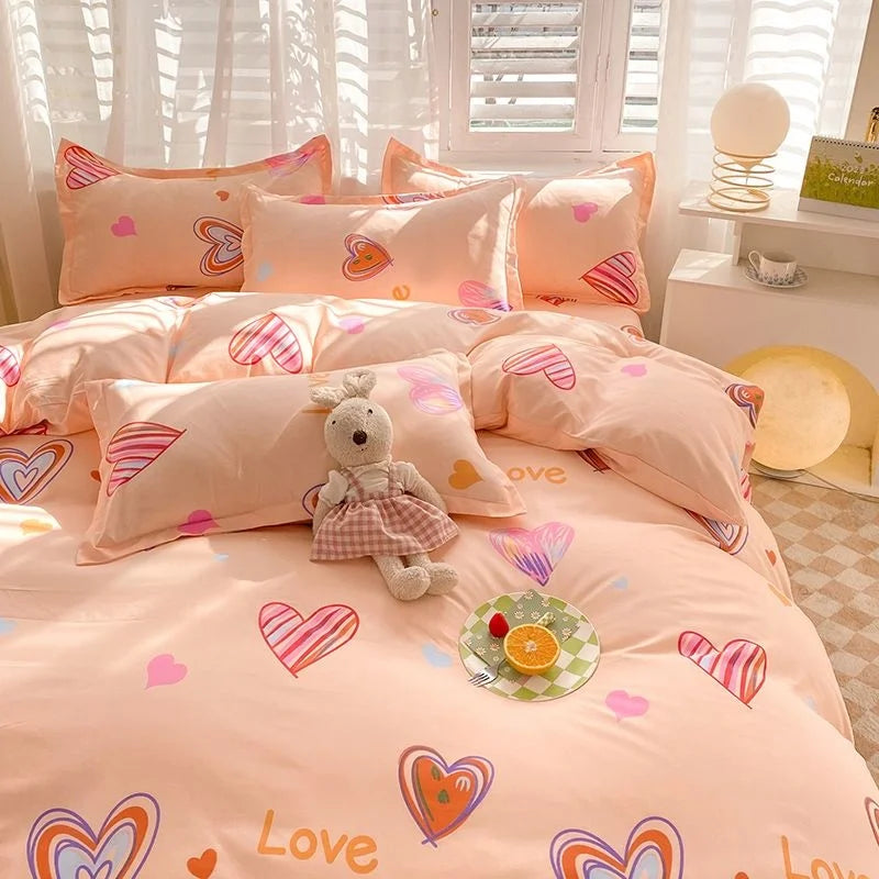 Ins Orange Checkerboard Duvet Cover Flat Sheet Pillowcases Twin Full Double Size Pink Blue Bedding Set