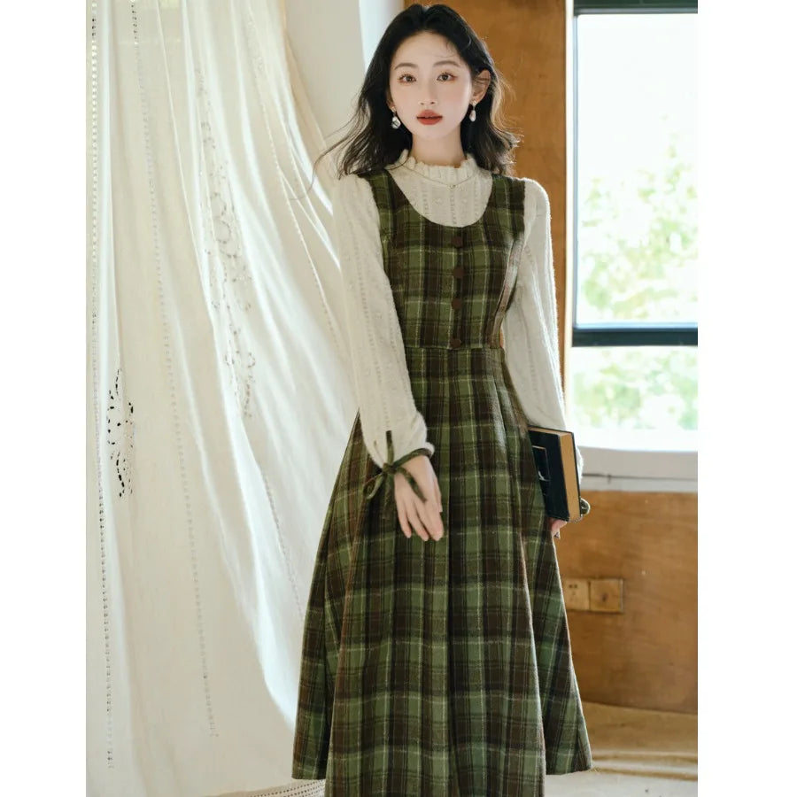 Harmony Plaid Wool Dark Academia Cottage Dress