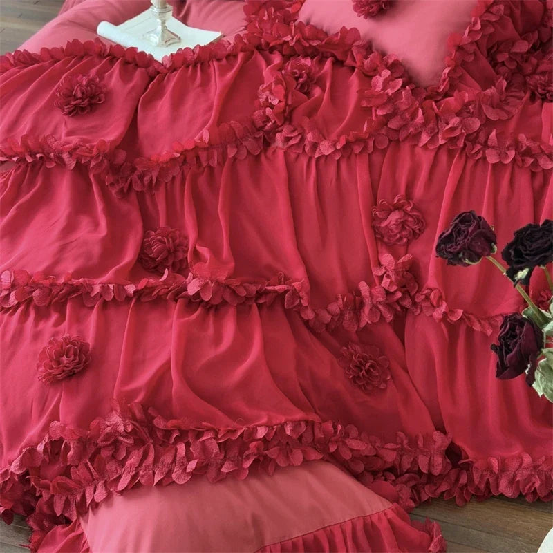 Romantic Lace Ruffles Flowers Princess Wedding Bedding Set