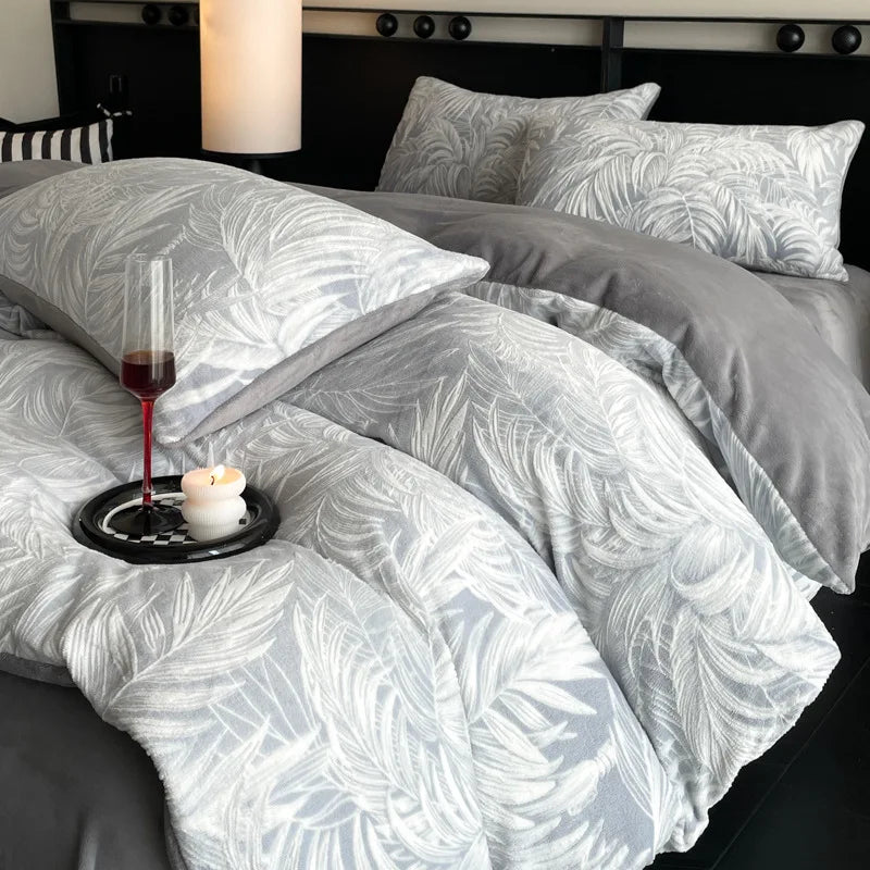 Winter Warm Velvet Duvet Cover Set Printed Queen Bedding Set