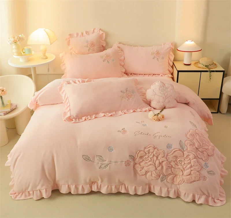 Flowers Embroidery Ruffles Velvet Soft Bedding Set