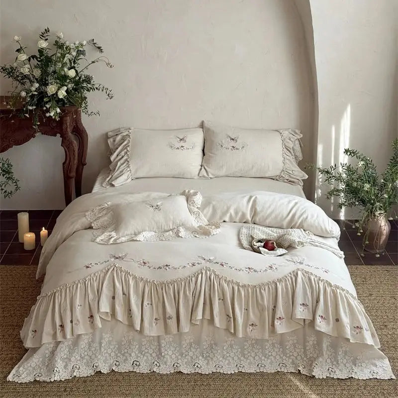 French Large Lace Ruffles Floral Butterfly Embroidery Linen Cotton Bedding Set
