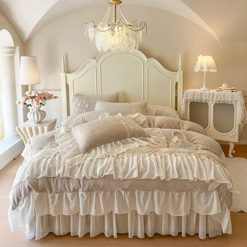 Lace Ruffles Embroidery Milk Velvet Winter Warm Thickened Princess Bedding Set