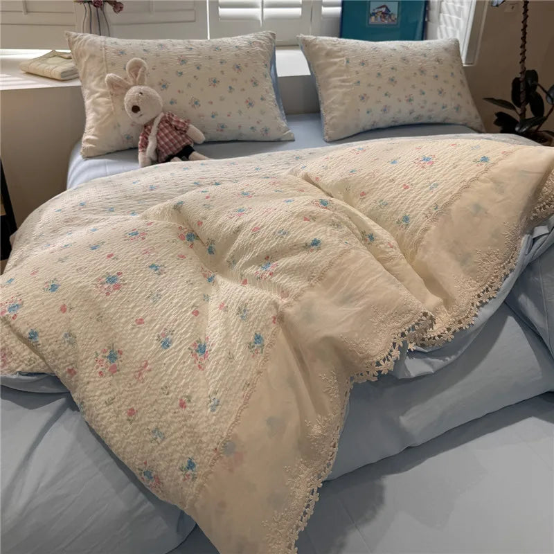 3/4Pcs Korean Princess Style Floral Ruffles Soft Bedding Set