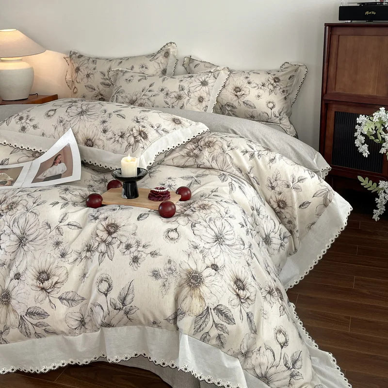 Vintage Floral Print Lace Luxury Bedding Set