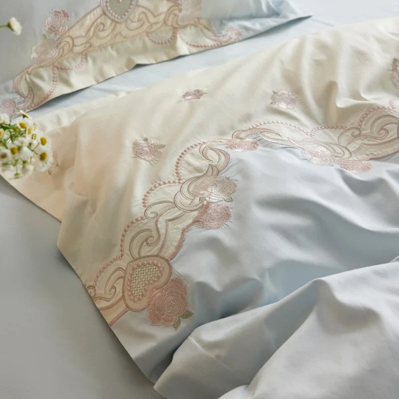 1000TC Egyptian Cotton Luxury Rose Embroidery Blue Pink Green Bedding Set