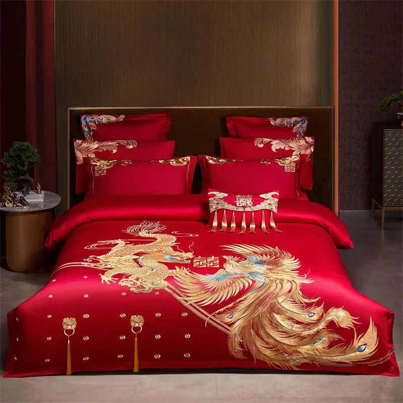 4/6/9Pcs Red Luxury Chinese Wedding Style Dragon Phoenix Embroidery Bedding Set