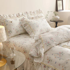 100% Cotton Korean Style Floral Lace Ruffles Princess Bedding Set