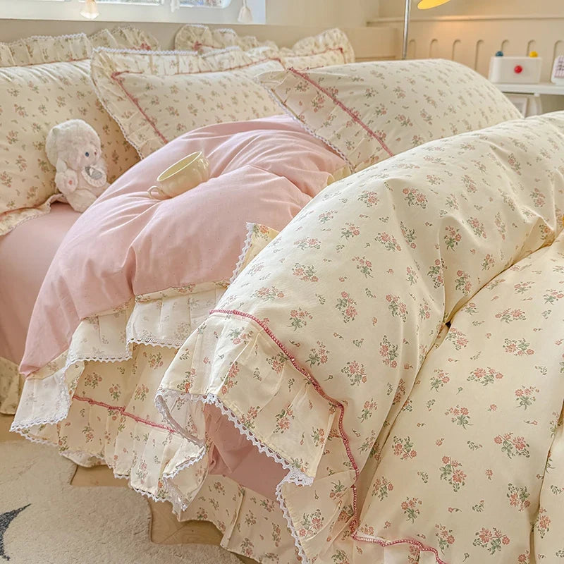 Korean Princess Style Rose Floral Ruffle Bedding Set