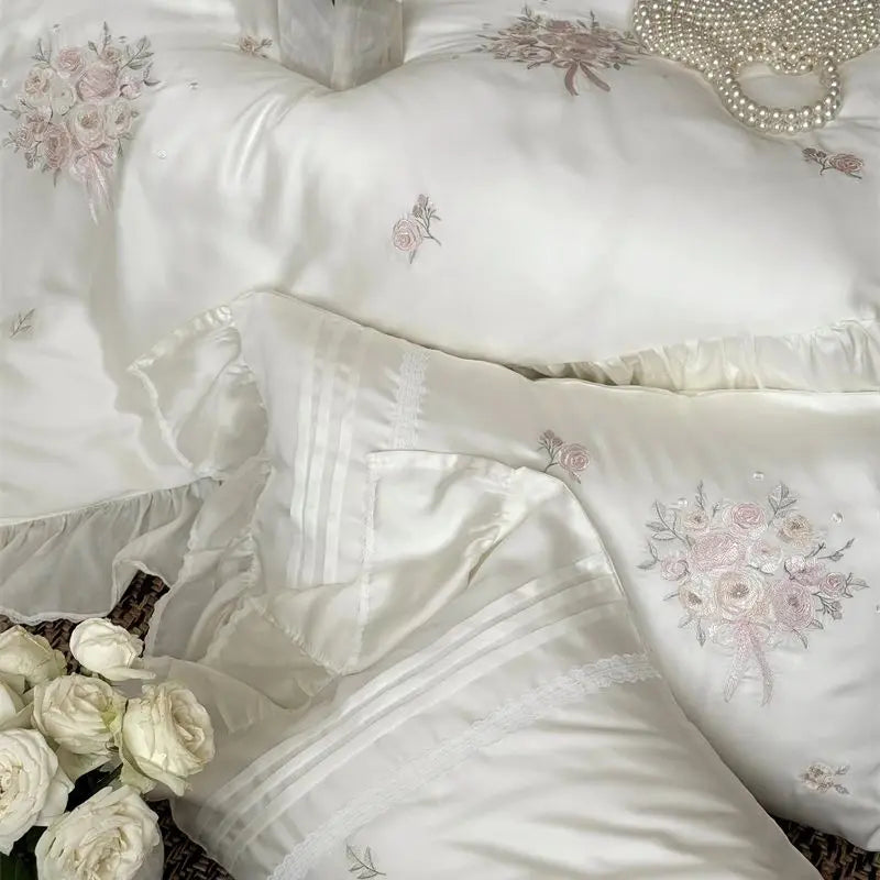 Flowers Embroidery Ruffles Princess Wedding Bedding Set