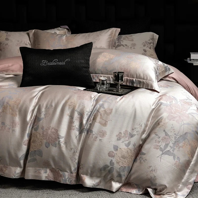 600TC Lyocell Cotton Flowers Jacquard Soft Silky Bedding Set