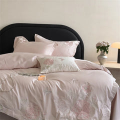 Premium 600TC Egyptian Cotton Luxury Flowers Butterfly Embroidery Pink Bedding Set