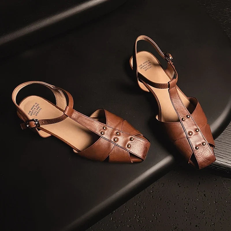 cowhide square toe breathable metal rivet loose grip strap retro low Heel