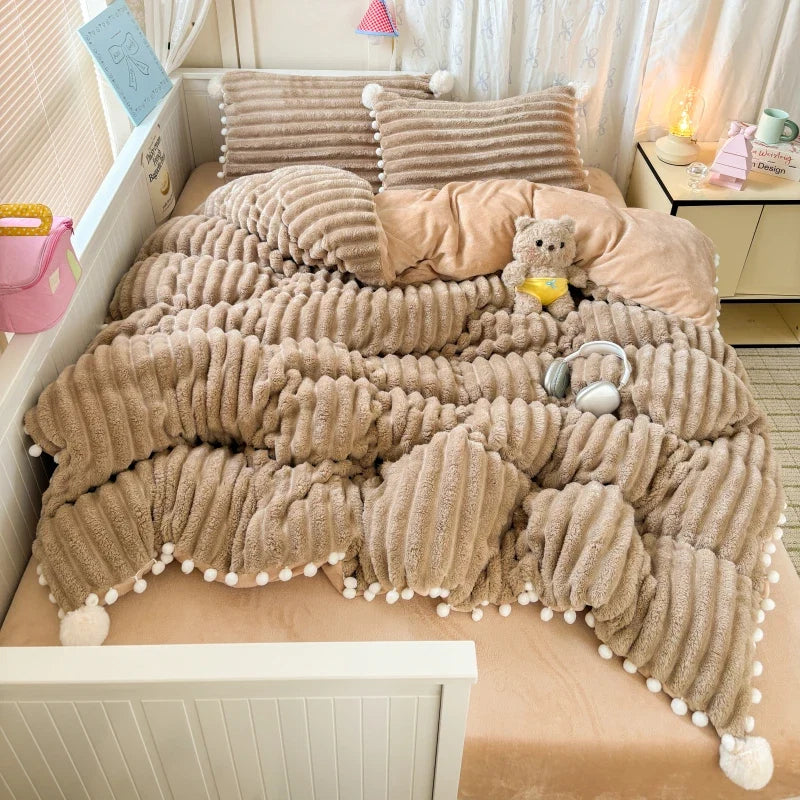 Striped Fluffy Milk Velvet Soft With Cute Pompoms Bedding Set