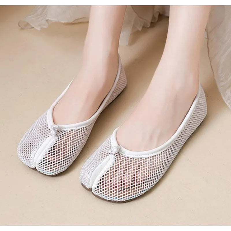 Hollow Out Mesh Split Toe Women Tabi Ballet Flats Comfortable Walking Loafers Casual Ladies Dance Shoe Zapatos De Mujer