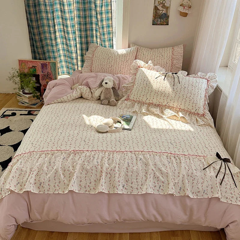 3/4Pcs Korean Princess Style Bow Ruffles Bedding Set