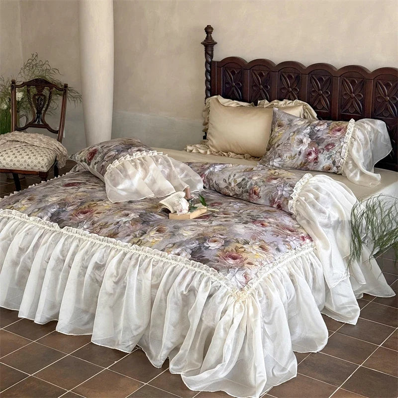 1000TC Egyptian Cotton Vintage Rose Flowers Prints Organza Ruffles Bedding Set