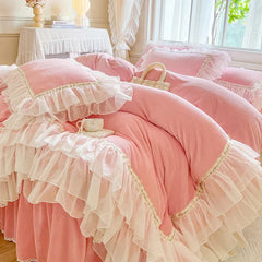 4Pcs Korean Princess Style Winter Thick Warm Milk Velvet Bedding Set