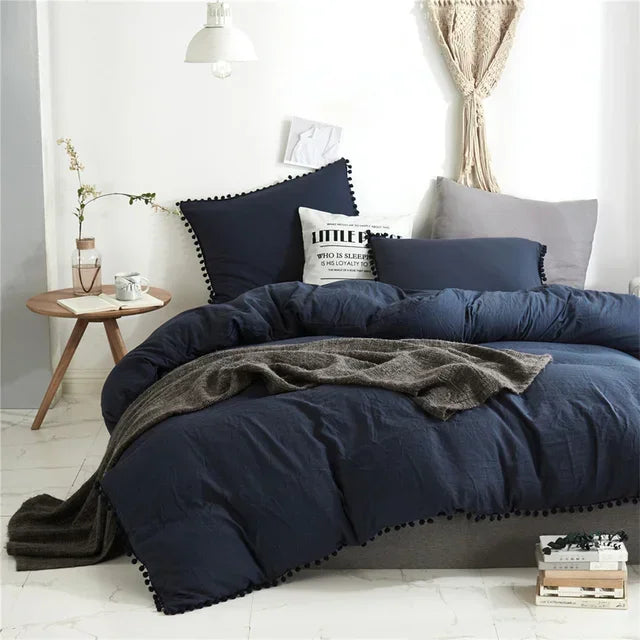 Twin Queen Size Solid Color Duvet Cover Set Pom Tassel Soft Microfiber Bedding Set