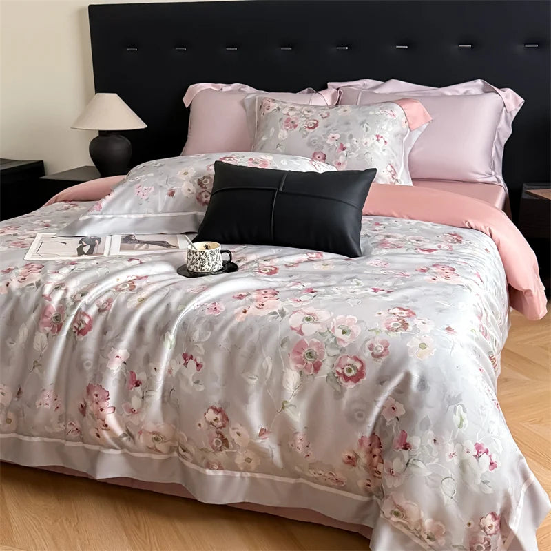 600TC Lyocell Cotton Soft Breathable Flowers Print Bedding Set