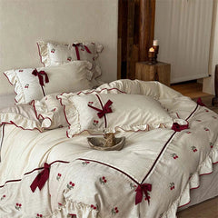 Cotton Linen Bedding Set, Cherry Embroidery with Ruffle & Bow, Farmhouse Style Duvet Cover Set, Soft Bed Linen Pillowcases 4Pcs