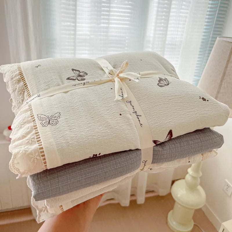 4pcs Floral Printed Duvet Cover Set Korean Lace Bedding Set