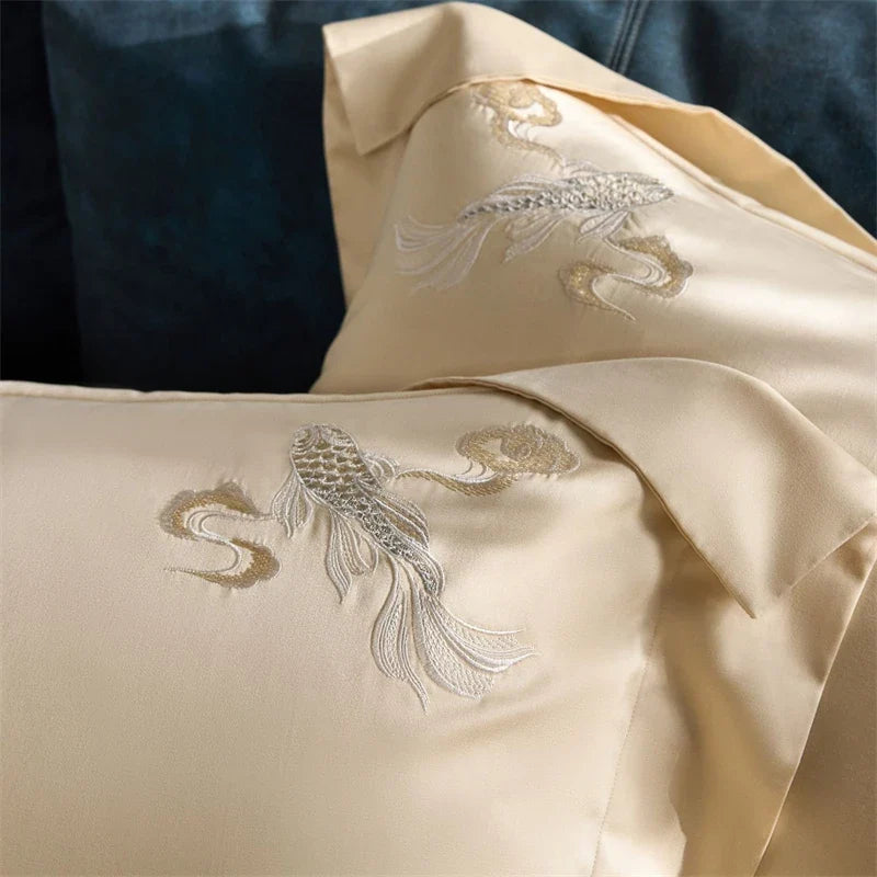Chinese Style Koi Embroidery 1000TC Lyocell Cotton Brushed Bedding Set
