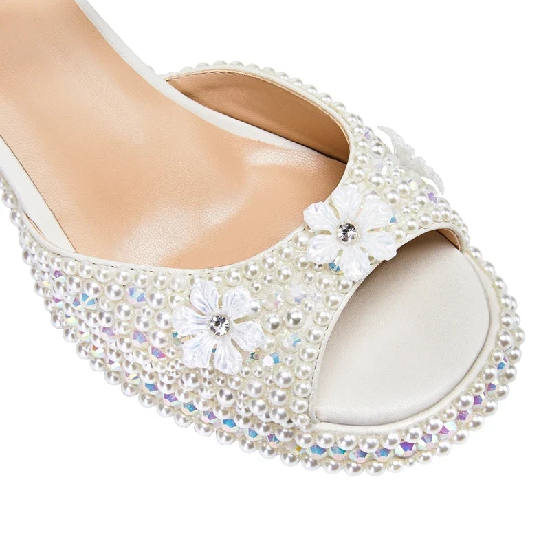 European and American Nightclub Princess Flower Buckle Pearl Thick Bottom Fish Mouth Open Toe Large Heel