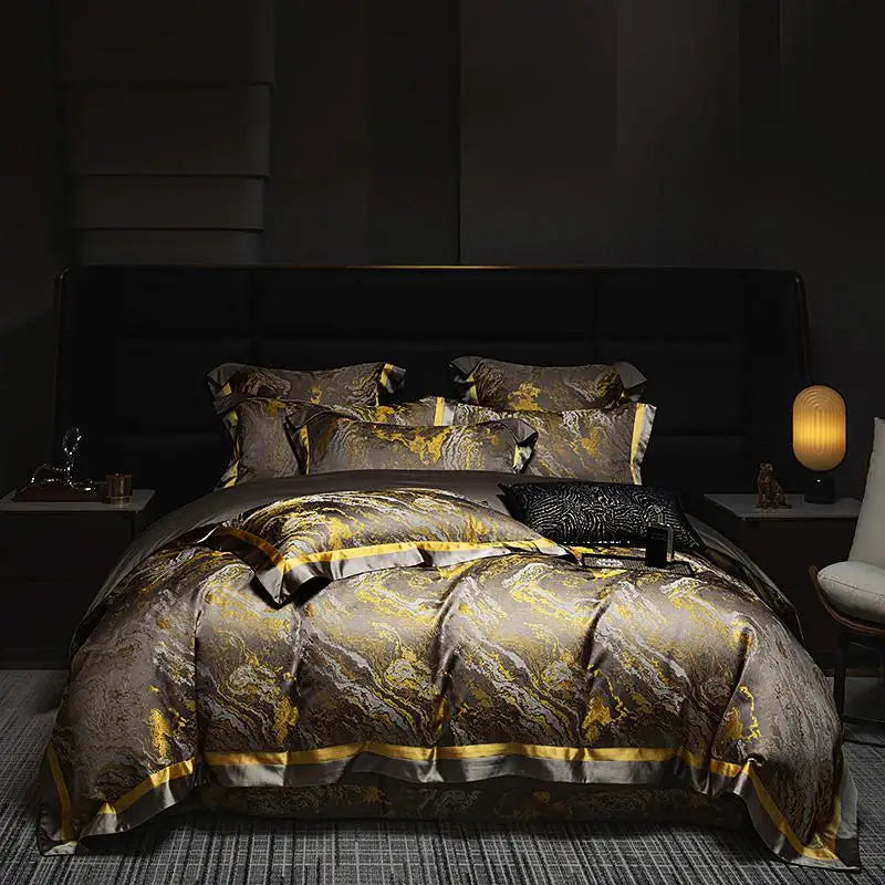 1000TC Cotton Luxury Black Gold Satin Jacquard Bedding Set
