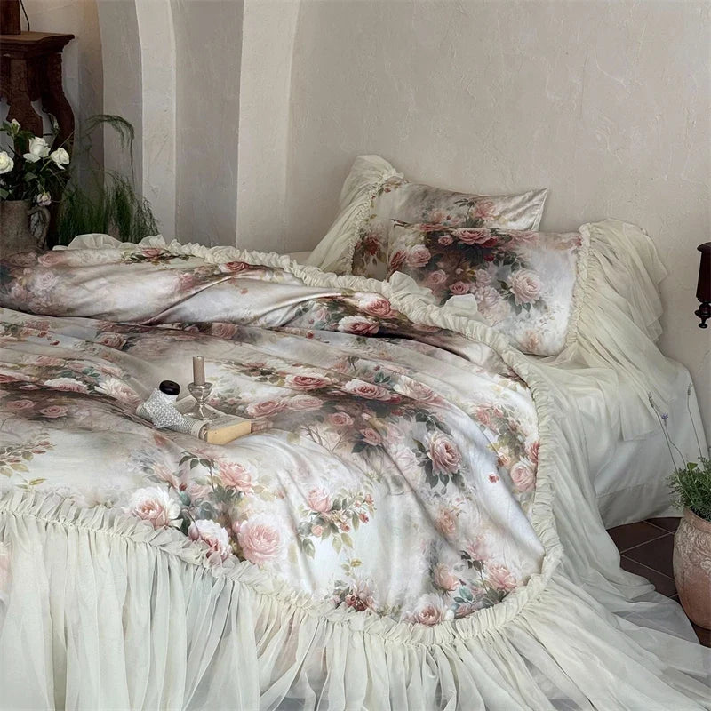 Vintage Rose Flowers Prints Three-sided Large Lace Ruffles 1000TC Egyptian Cotton Bedding Set