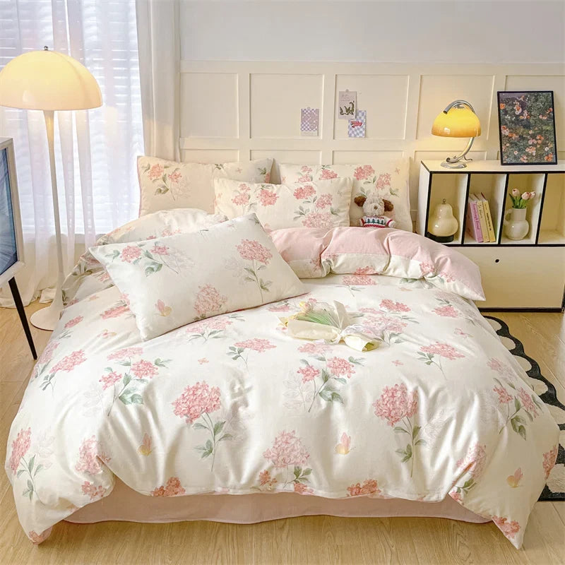 Heart Pattern 100% Cotton Duvet Cover Set with Flat Sheet or Fitted Sheet 3/4 Pcs Soft Breathable Queen King Size Bedding Set