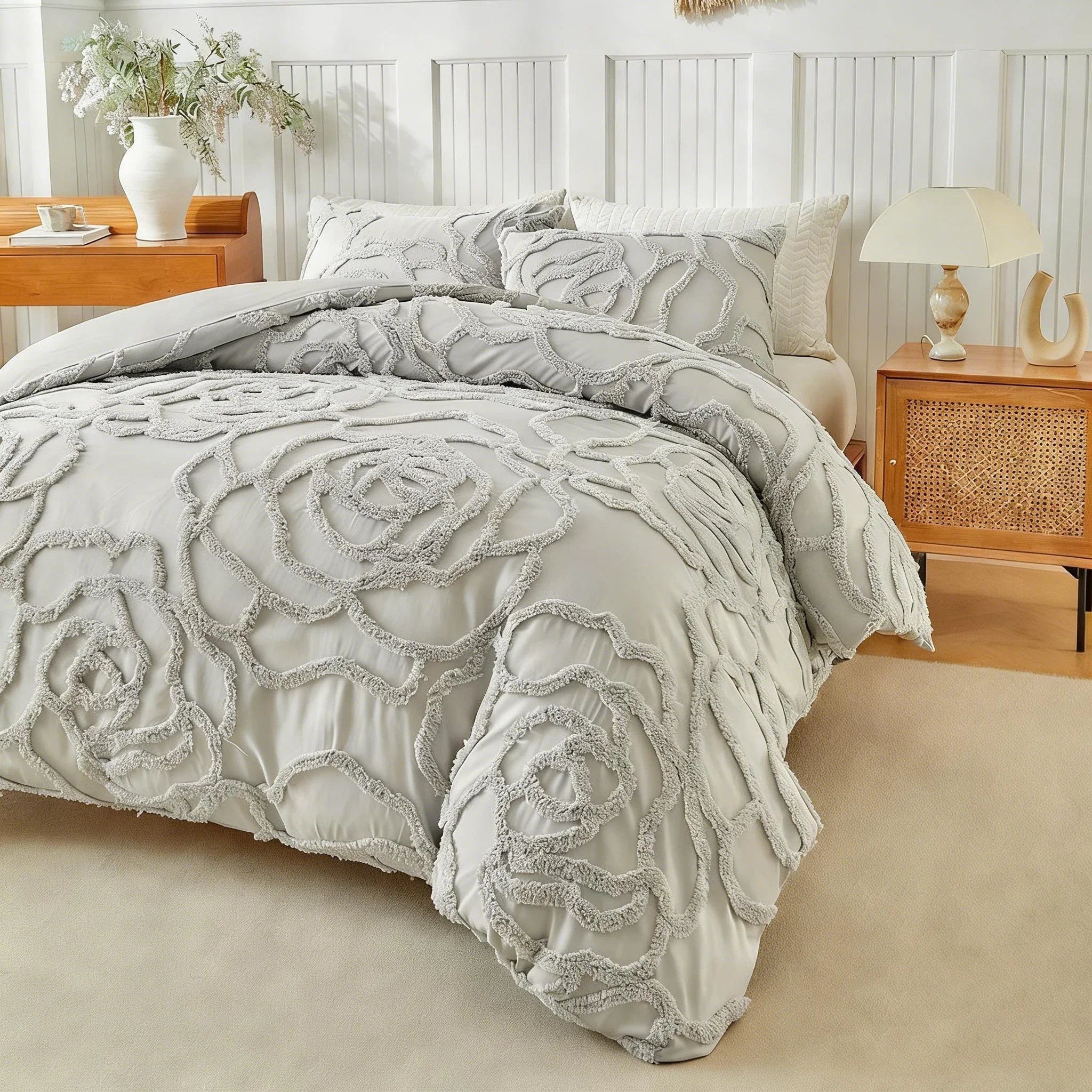 3D Rose Floral Tufted Duvet Cover Set High Quality Microfiber Comforter Cover Soft King Queen Size Quilt Cover and Pillowcases
