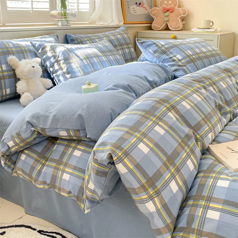 3/4 Pcs Blue Checkered Bedding Set